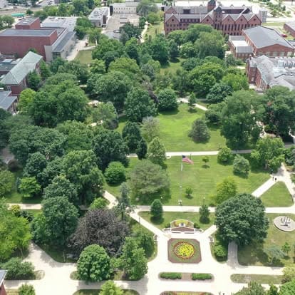 Aerial view of a lush green park.