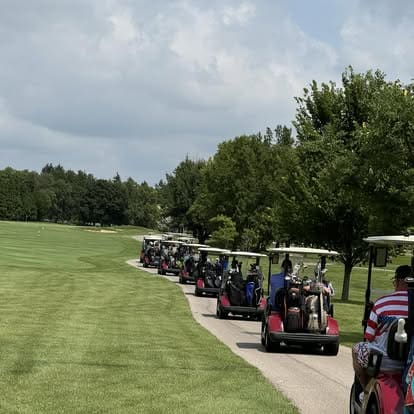 Golf carts lined up on a course.