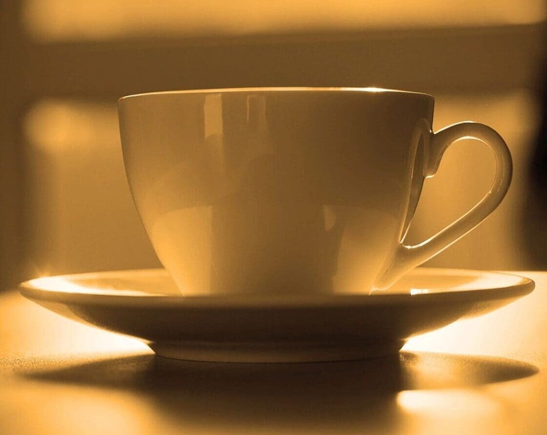 White teacup on saucer in warm light.
