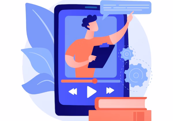 Online learning illustration with books and tablet.